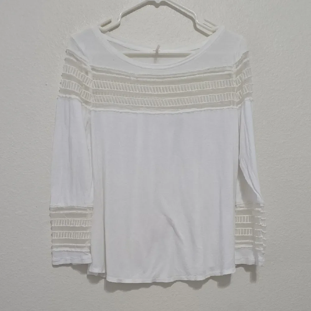 Free People  White Lace Accent Long Sleeve Top M